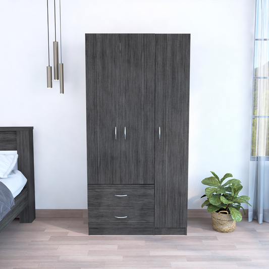 Three Door Armoire Clark, Metal Rod, Smokey Oak / White Finish